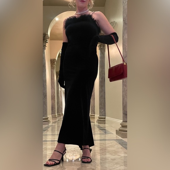 Vintage 90s Feather Trim Velvet Gown - Picture 1 of 6